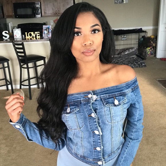off shoulder blue jean jacket